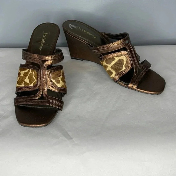 LIZ CLAIBORNE Giraffe Print Square Toe Wedge  Sandals Metallic Bronze Size 7.5 - Picture 13 of 13